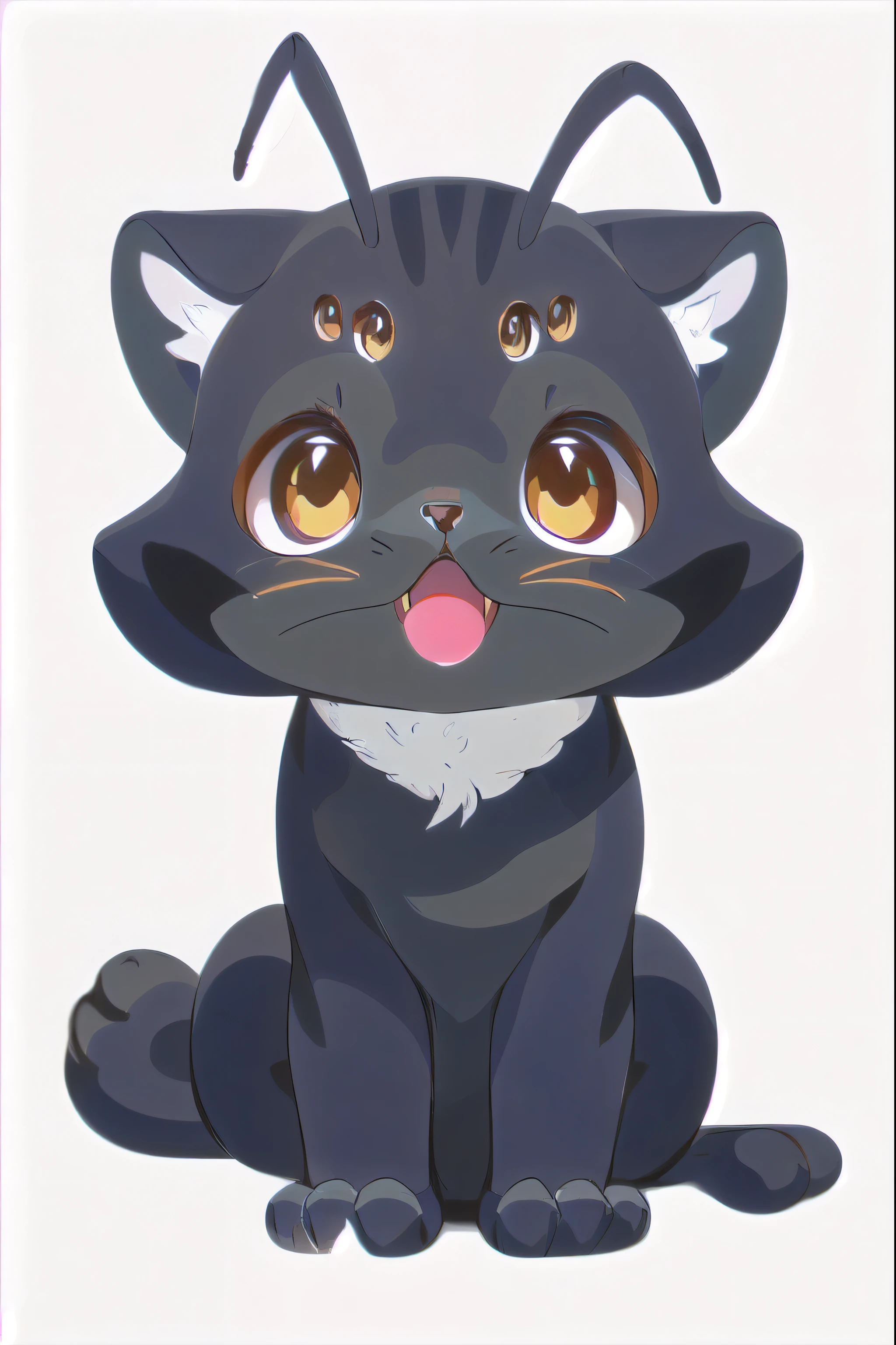 cartoon black cat with white fluff and eyes sitting on the ground, anime visual of a cute cat, anime cat, realistic anime cat, kawaii cat, cute anime catgirl, sora as a cat, anime catgirl, fat chibi grey cat, anime moe artstyle, a cute cat, cute cat, made with anime painter studio, lineless, very beautiful cute catgirl,1 six eyes, ant antennas, fluff in ears