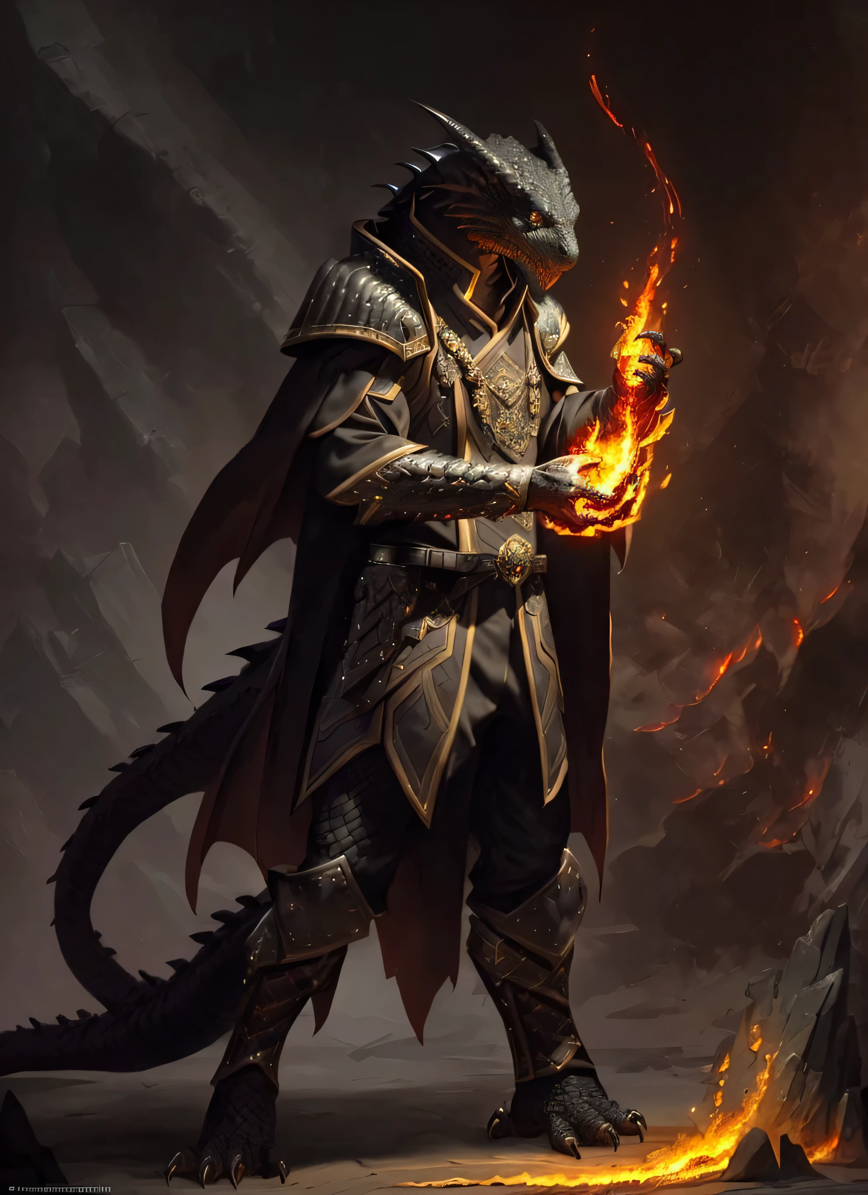 black dragonborn, solo, standing, tail, hand up, armor, coat, glowing, fire, gauntlets, claws
, ((masterpiece, best quality)), art by greg rutkowski, black scales