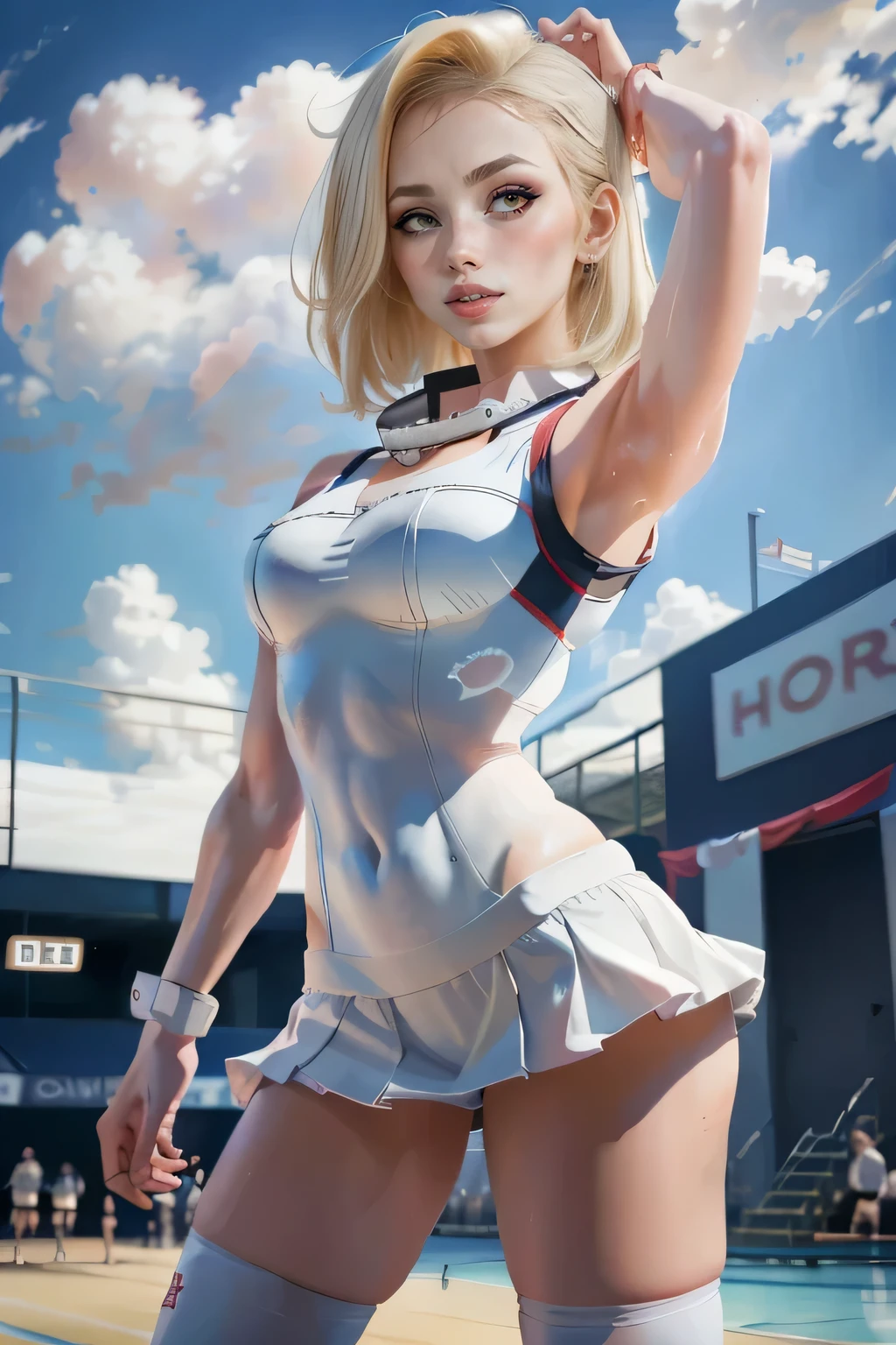 best quality, highres, and18, 1girl, android 18, solo girl, 1girl, blonde hair, blue eyes, sport sneakers, red and white volleyball uniform, pearl necklace, white lycra micro skirt, short hair, white lycra sport top, earrings, wrist sweat bands, medium breasts, cowboy shot, sea shore, straight-on, (weather: and windy), wet body, wet clothes, cute smile, relaxed stance, thigh high socks, volleyball court, striped bikini,