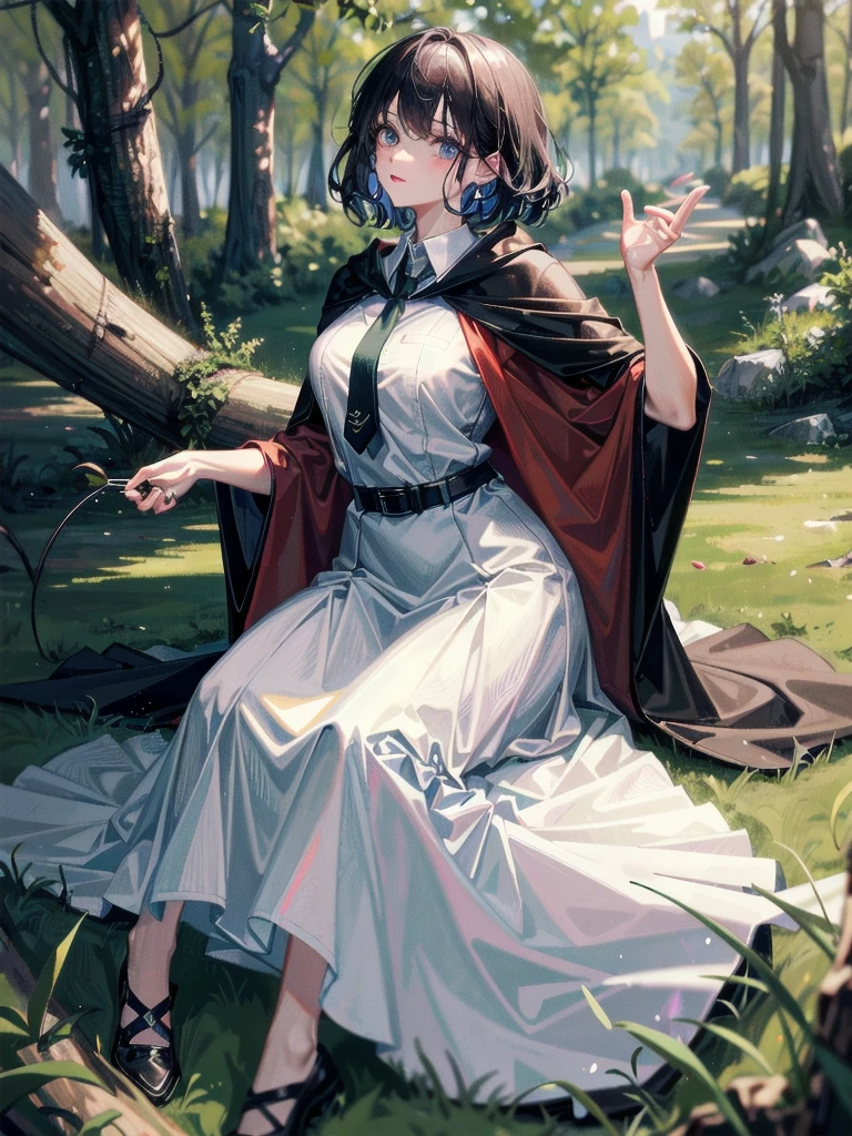 whole body, dark forest, hogwarts teacher, necktie, cloak, skirt, floresta Negra, absurdres, RAW photo, extremely delicate and beautiful, masterpiece, Best Quality, ultra high resolution, 32k, hyperrealistic, ultra-detailed, detailed description, pale skin, 20 years old, detailed beautiful face and eyes, tearful mole, earring, Colossal tits, short medium hair, wavy hair,