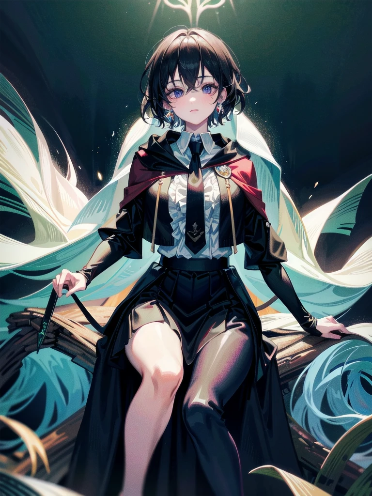 whole body, dark forest, hogwarts teacher, necktie, cloak, skirt, floresta Negra, absurdres, RAW photo, extremely delicate and beautiful, masterpiece, Best Quality, ultra high resolution, 32k, hyperrealistic, ultra-detailed, detailed description, pale skin, 20 years old, detailed beautiful face and eyes, tearful mole, earring, Colossal tits, short medium hair, wavy hair,