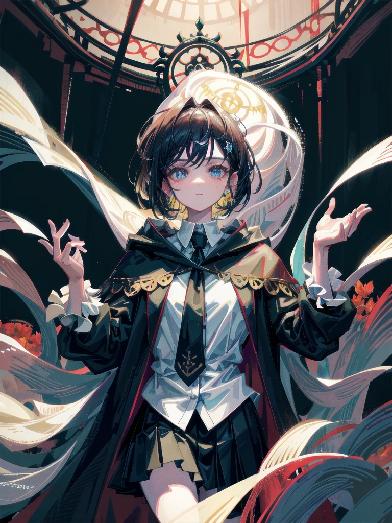 whole body, dark forest, hogwarts teacher, necktie, cloak, skirt, floresta Negra, absurdres, RAW photo, extremely delicate and beautiful, masterpiece, Best Quality, ultra high resolution, 32k, hyperrealistic, ultra-detailed, detailed description, pale skin, 20 years old, detailed beautiful face and eyes, tearful mole, earring, Colossal tits, short medium hair, wavy hair,