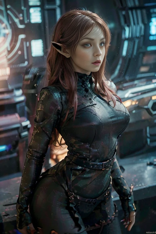 hyper realistic, 16k, best quality, masterpiece, (photorealistic:1.4), 1girl (alternative elf), Pretty young, Dream aesthetic, solo, red silky hair (realistic texture), pointed ears, realistic eyes, pale-green skin, illuminated skin, realistic shading, (modern) black gothic dress (realistic textures), big hips, tights. waist up, dramatic lighting, from below, front, front view, multiple different poses at different angles, glowing skin, front, back lighting, athletic figure, muscular female, curvy, wide hips, colorful, looking at viewer, Hyperrealistic, gradient background, dark background, outline, cinematic lighting, (chromatic aberration, intricate details)