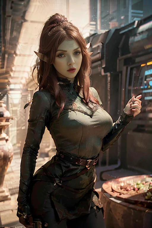 hyper realistic, 16k, best quality, masterpiece, (photorealistic:1.4), 1girl (alternative elf), Pretty young, Dream aesthetic, solo, red silky hair (realistic texture), pointed ears, realistic eyes, pale-green skin, illuminated skin, realistic shading, (modern) black gothic dress (realistic textures), big hips, tights. waist up, dramatic lighting, from below, front, front view, multiple different poses at different angles, glowing skin, front, back lighting, athletic figure, muscular female, curvy, wide hips, colorful, looking at viewer, Hyperrealistic, gradient background, dark background, outline, cinematic lighting, (chromatic aberration, intricate details)