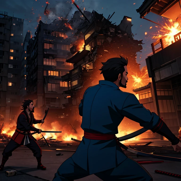 Shinsengumi samurai fight in modern day Tokyo between two male samurais with facial hair, intense fight scene with explosions in the background and destroyed buildings and cars, both samurai screaming as they fight.