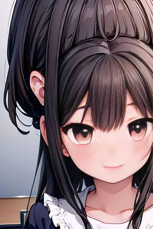 (masterpiece、highest quality、Ultra-detailed、High resolution illustrations、Ultra-high-definition CG、8k size wallpaper、Official Art、Production Art)、Improve skin quality,((Face close-up:1.3)),(Only the face:1.5)、((Face Focus:1.5))、((Close to the audience:1.5))、(Ruffled Dress)、(Gradient Eye)、A woman with short brown hair.Slightly chubby,The breasts are small,The butt is small,Brown eyes,(Excited eyes).(Smile),