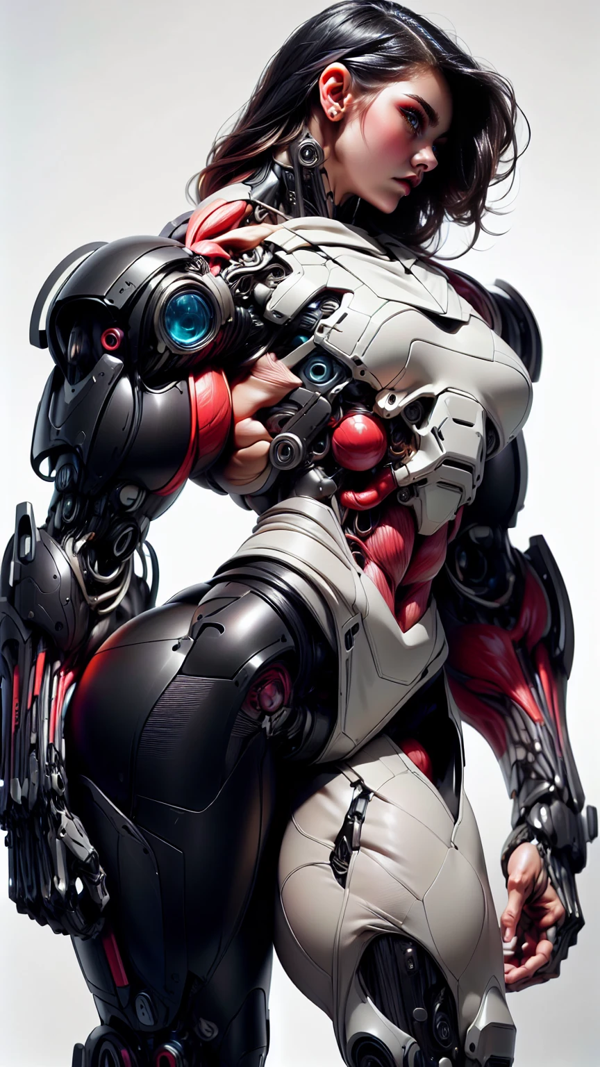 (1 girl), (cara delevingne), (muscular android girl wearing a black anatomic cybernetic muscle suit:1.25), (wide shoulders:1.25), (muscular defined physique:1.25), perfect hands, long hair, large breasts, high resolution image, extreme detail, blank background