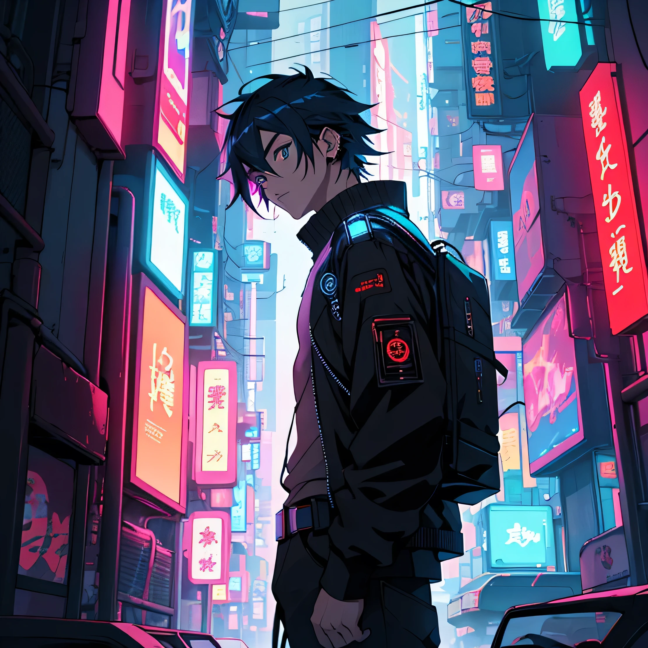 Anime boy or girl with cyberpunk flair, manga anime 2D style depicting vibrant colors that illuminate the futuristic scene. A harmonious blend of dark and vibrant hues reflects the intricacies of the cyberpunk world. The HD 4K resolution brings every detail to life, from the sharp lines and geometric shapes of the intricate background. The electric blue neon lights flicker in contrast to the fiery red and orange accents, creating an awe-inspiring wallpaper. Holographic screens and flickering displays adorn advanced technology, adding to the captivating, otherworldly atmosphere. 4:3 aspect ratio, 192