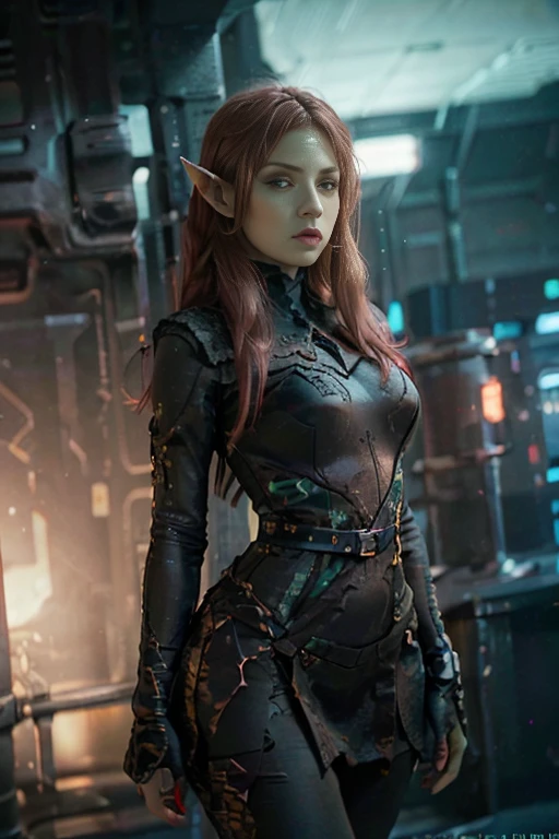 hyper realistic, 16k, best quality, masterpiece, (photorealistic:1.4), 1girl (alternative elf), Pretty young, Dream aesthetic, solo, red silky hair (realistic texture), pointed ears, realistic eyes, pale-green skin, illuminated skin, realistic shading, (modern) black gothic dress (realistic textures), big hips, tights. waist up, dramatic lighting, from below, front, front view, multiple different poses at different angles, glowing skin, front, back lighting, athletic figure, muscular female, curvy, wide hips, colorful, looking at viewer, Hyperrealistic, gradient background, dark background, outline, cinematic lighting, (chromatic aberration, intricate details)