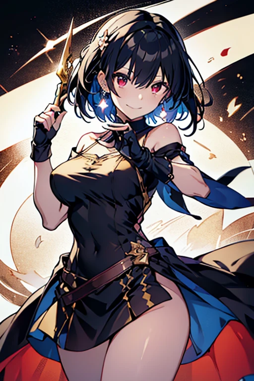 yor briar, anime style beutiful woman, 1girl,fullbody, happy, smile, red face, closed mouth, beautiful detailed eyes, super detailed skin, backlighting, bare shoulders, black background, black dress, black gloves, black hair, breasts, dress, earrings, fingerless gloves, floating hair, floral print, flower, gloves, gold earrings, gold hairband, hair flower, hair ornament, hairband, holding, holding weapon, jewelry, large breasts, long hair, looking at viewer, off-shoulder dress, off shoulder,red eyes, short hair with long locks, sidelocks, solo, spikes, thighs, two-sided dress, two-sided fabric, weapon, fighting stance , face, close up, from above, highest quality, high resolution.