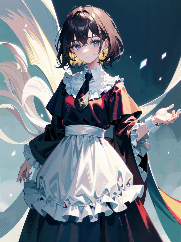 whole body, dark forest, hogwarts teacher, necktie, cloak, skirt, floresta Negra, absurdres, RAW photo, extremely delicate and beautiful, masterpiece, Best Quality, ultra high resolution, 32k, hyperrealistic, ultra-detailed, detailed description, pale skin, 20 years old, detailed beautiful face and eyes, tearful mole, earring, Colossal tits, short medium hair, wavy hair,