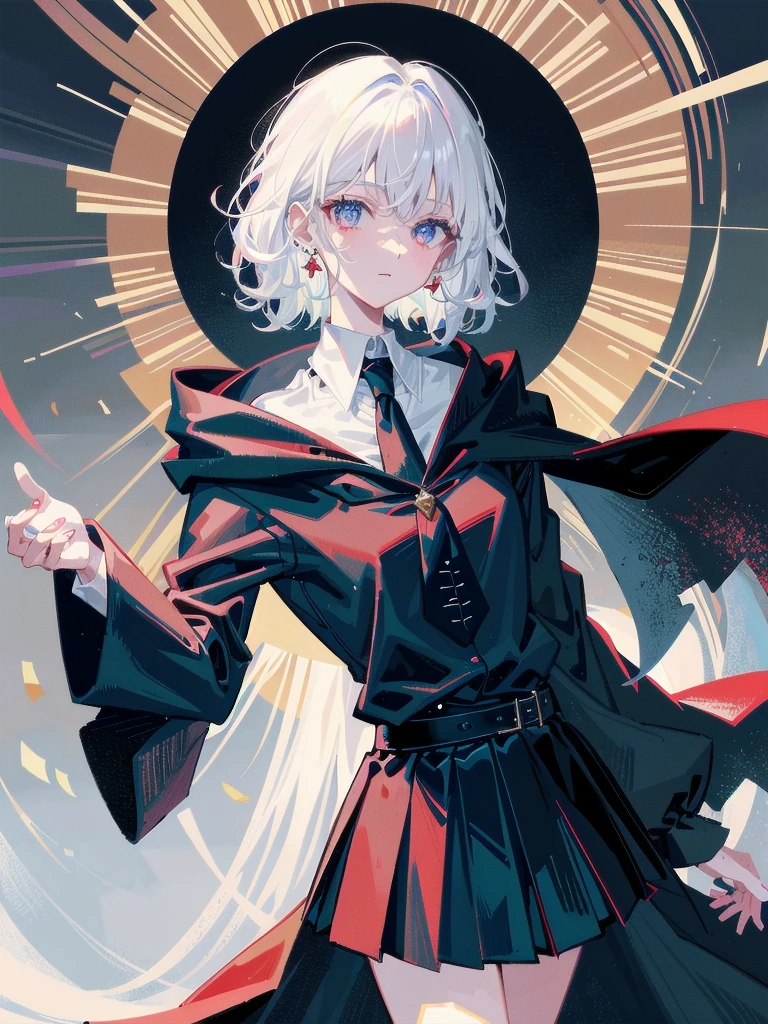 whole body, dark forest, hogwarts teacher, necktie, cloak, skirt, floresta Negra, absurdres, RAW photo, extremely delicate and beautiful, masterpiece, Best Quality, ultra high resolution, 32k, hyperrealistic, ultra-detailed, detailed description, pale skin, 20 years old, detailed beautiful face and eyes, tearful mole, earring, Colossal tits, short medium hair, wavy hair,