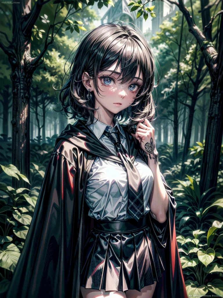whole body, dark forest, hogwarts teacher, necktie, cloak, skirt, floresta Negra, absurdres, RAW photo, extremely delicate and beautiful, masterpiece, Best Quality, ultra high resolution, 32k, hyperrealistic, ultra-detailed, detailed description, pale skin, 20 years old, detailed beautiful face and eyes, tearful mole, earring, Colossal tits, short medium hair, wavy hair,