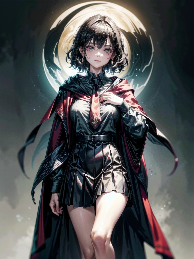 whole body, dark forest, hogwarts teacher, necktie, cloak, skirt, floresta Negra, absurdres, RAW photo, extremely delicate and beautiful, masterpiece, Best Quality, ultra high resolution, 32k, hyperrealistic, ultra-detailed, detailed description, pale skin, 20 years old, detailed beautiful face and eyes, tearful mole, earring, Colossal tits, short medium hair, wavy hair,
