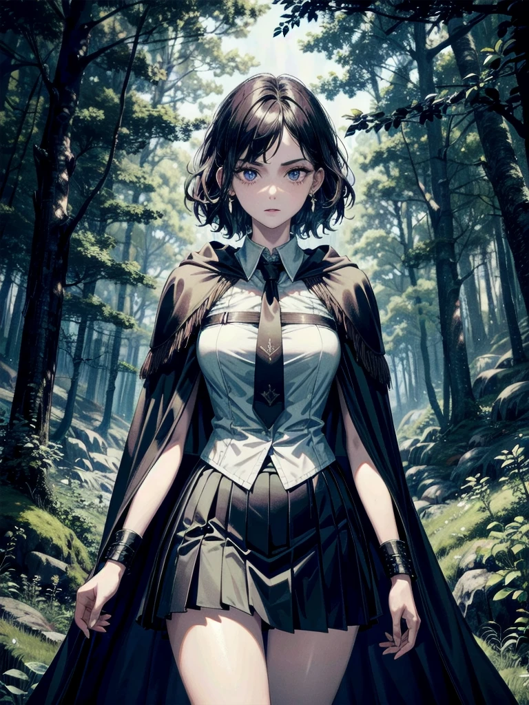 whole body, dark forest, hogwarts teacher, necktie, cloak, skirt, floresta Negra, absurdres, RAW photo, extremely delicate and beautiful, masterpiece, Best Quality, ultra high resolution, 32k, hyperrealistic, ultra-detailed, detailed description, pale skin, 20 years old, detailed beautiful face and eyes, tearful mole, earring, Colossal tits, short medium hair, wavy hair,