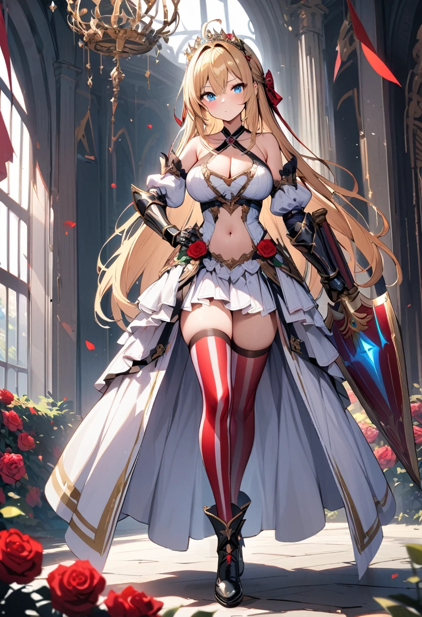 Masterpiece, Best quality, 1girl, solo, long-hair, thighhighs, breasts, striped, blonde-hair, flower, blue-eyes, rose, striped-thighhighs, full-body, dress, looking-at-viewer, blush, tiara, detached-sleeves, cleavage, big-breasts, holding, bare-shoulders, closed-mouth, black-footwear, white-dress, standing, red-rose, hand-on-hip, bow, bangs, very-long-hair, ahoge, red-flower, hair-between-eyes, gauntlets, halterneck, red-bow, frills, shoes, skirt, footwear-bow, armpits, flag, antenna-hair, criss-cross-halter, weapon, collarbone, clothing-cutout, crown, floral-print, headpiece, ((exposed navel)), short skirt, shield
