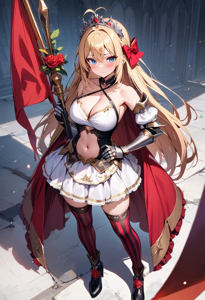 Masterpiece, Best quality, 1girl, solo, long-hair, thighhighs, breasts, striped, blonde-hair, flower, blue-eyes, rose, striped-thighhighs, full-body, dress, looking-at-viewer, blush, tiara, detached-sleeves, cleavage, big-breasts, holding, bare-shoulders, closed-mouth, black-footwear, white-dress, standing, red-rose, hand-on-hip, bow, bangs, very-long-hair, ahoge, red-flower, hair-between-eyes, gauntlets, halterneck, red-bow, frills, shoes, skirt, footwear-bow, armpits, flag, antenna-hair, criss-cross-halter, weapon, collarbone, clothing-cutout, crown, floral-print, headpiece, ((exposed navel)), short skirt, shield