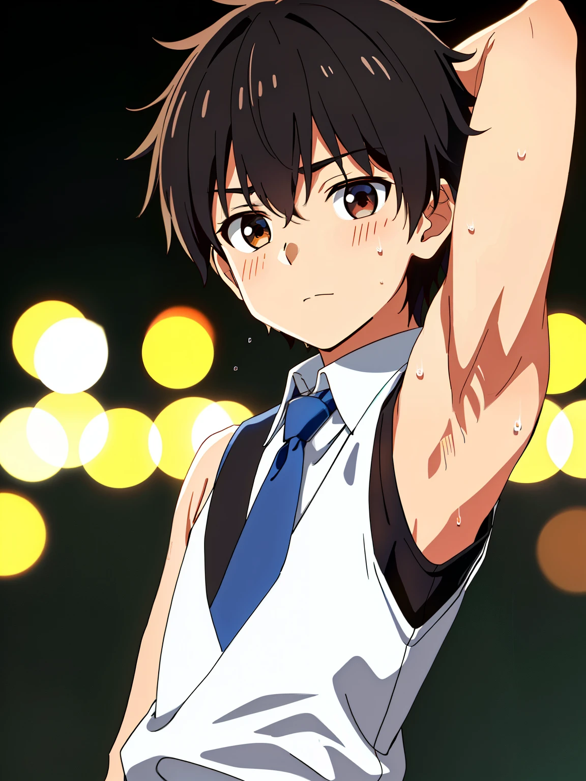 Highres, Masterpiece, Best quality at best,Best Quality,hight quality, hight detailed, 1boy, Boy,Messy hair, Side bangs, Shota, Sweat, Sleeveless vest, Tie, Glove, Depth of field, Anime screencap style, thin line, Seen from the front, Little sweat, Consert, Cute boy, (Showing armpit:1.3), (very small and short stature), (very young boy), s, Blurry and simple beckground, bokeh, Uhd