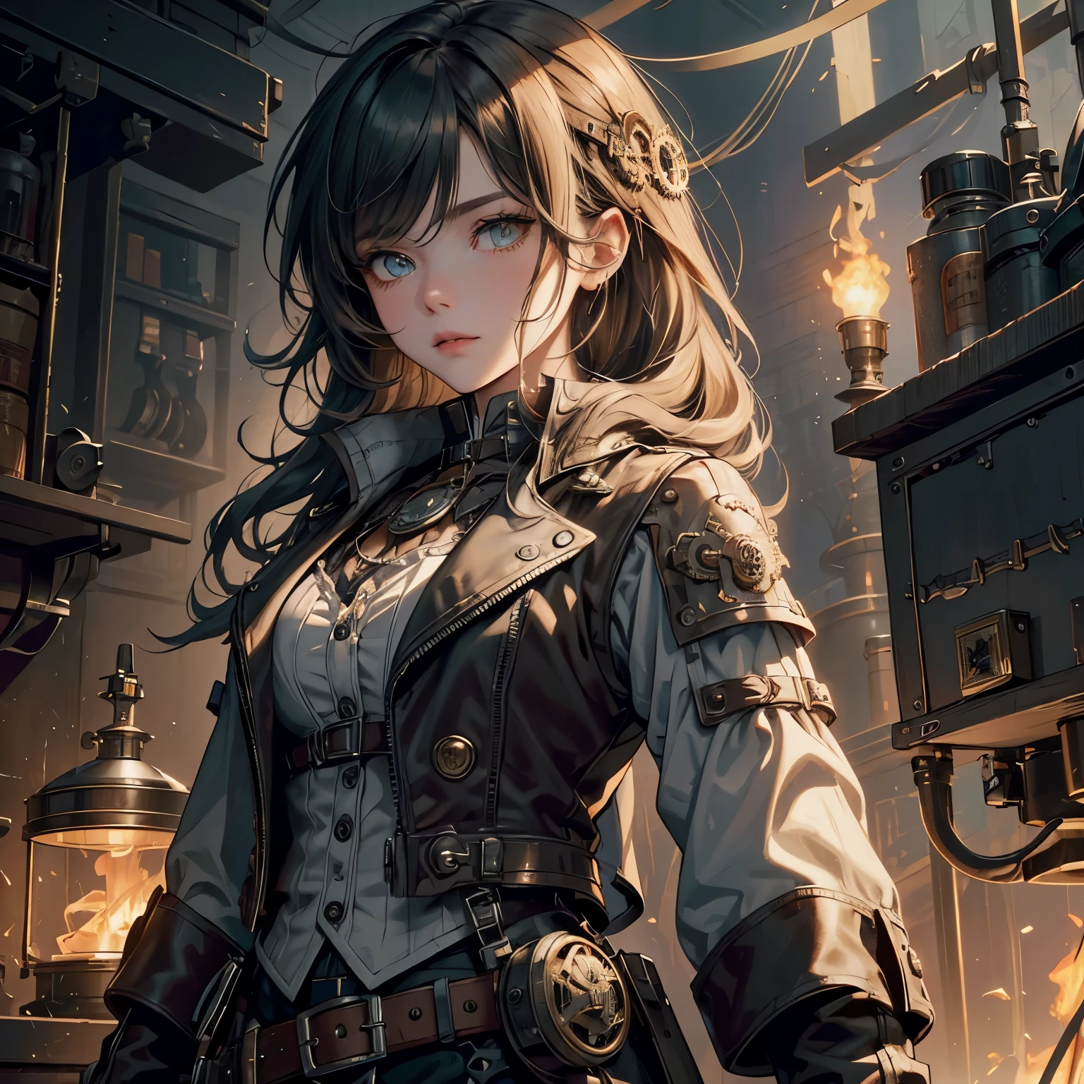 (absurdres, highres, ultra detailed), 1woman, mature female, aged up, wavy long hair, split-color hair, heterochromia, bangs, long sleeves, finely detailed eyes and detailed face, extremely detailed CG unity 8k wallpaper, intricate details, (style-rustmagic:0.8), (medieval cyborg:0.8), portrait, (bloody wounds:0.7), looking at viewer, solo, half shot, detailed background, (steampunk theme:1.1) determined expression,  dark couds technomancer, floating lights, color leather vest with gears, techwear,  jetpack,   workshop in background, machines, gears, steam, industry, technology, furnace, grime, anvil,  buttons, levers,  automaton,  electricity, electric sparks epic atmosphere,, portrait