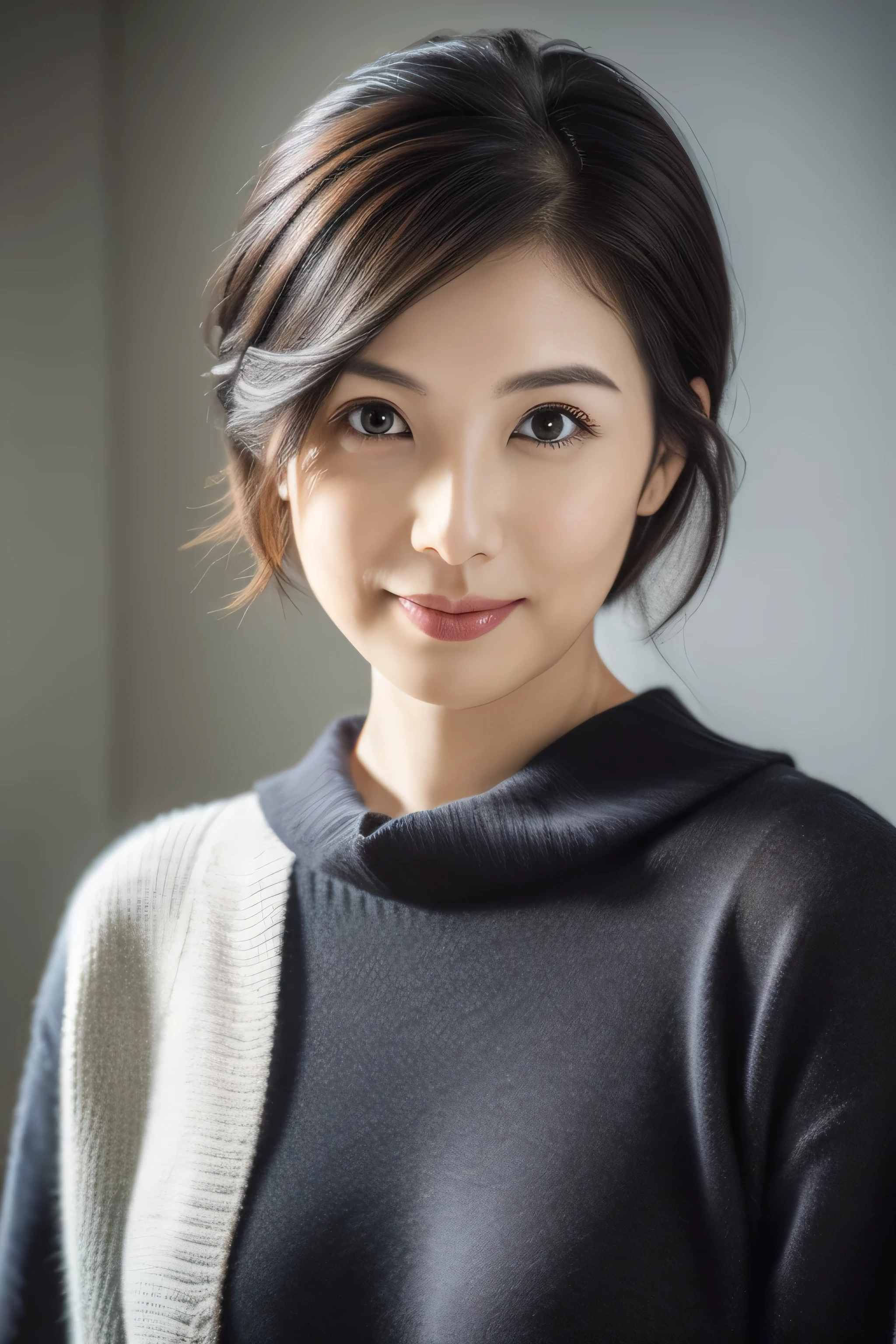 (Very detailed CG Unity 8K wallpaper,Tabletop, highest quality, Very detailed, Looking at the camera:1.2, Light on the face:1.5, Gray background, Professional Lighting), Residing in Japan３０Old woman、short hair, Black-haired, Fuller facial contours:1.5, (Thin eyebrows:1.25), Big, bright eyes, Nose is too small, Soft mouth, Physically slim, (Wear a shirt under your sweater), Impression of sincerity, Noble Mix Modification v3.0