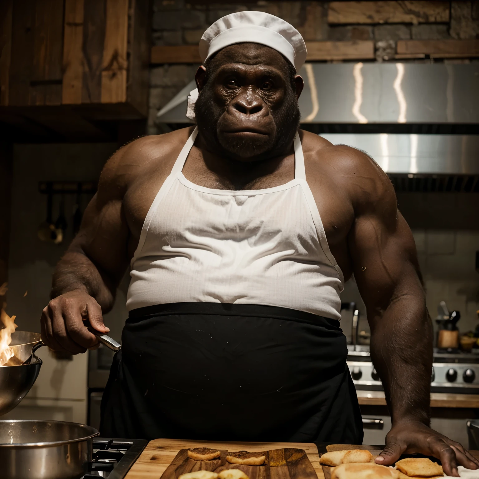 Fat gorilla with a chef hat and white tanktop cooking in a darkwood tavern