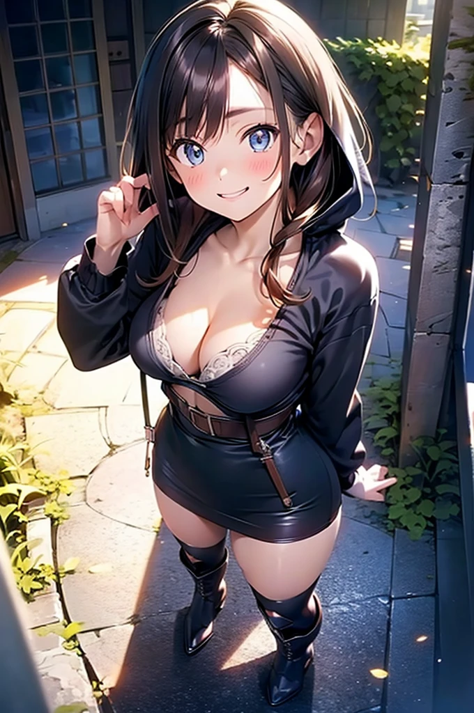(from above:1.2),(from side:0.9), ((Face)), (Close-Up:0.4), 1female, teacher, wearing a hoodie, bootyshorts, Thicc, small breast, light colored hair, long hair, blue eyes, face to detail, detailed eyes, the background is a pizzaria, smiling, highest quality, (RAW photo:1.2)(Curve,Model,glamor:1.5),Beautiful breasts,(pointed chest:1.0),Farbe_aberration,beautiful detailed shadow,Beautiful eyes,Beautiful body,Beautiful skin,beautifull hands,(medium_breasts:1.5),Brown hair,watching at viewers,black suspenders,Bulging big,breasts,walls: Black miniskirt, garters, Gaze, Small face,bangss,holster,Beautuful Women,hands up,leg holster,Gaze,black boots panty shot, provocation,flank,flank sweat soio,arm,,narrow waist,(with sparkling eyes and a contagious smile),her thin pubic hair, looking at viewer, posed cleavage:1.2,pose muy sexy"