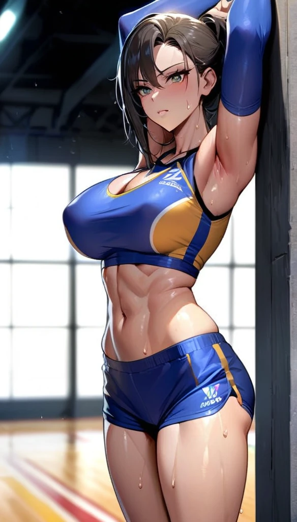 A strikingly beautiful and seductive volleyball player with long, toned legs, an athletic physique, and an alluring appearance. She stands confidently in an action pose, her body tense and ready to make a powerful spike. Wearing a tight, form-fitting volleyball jersey that hugs her curves, revealing her ample cleavage and flat abs, she completes the ensemble with tiny, high-cut mini shorts that accentuate her long, toned legs and round, perky backside. Her skin glistens with sweat, evidence of her intense focus and dedication to the game. The background showcases a volleyball gymnasium with high ceilings, wooden floors, and colorful banners hanging from the walls. The player is towering at an impressive height, making her imposing presence even more dominant on the court. Her big, round butt is accentuated by the tight fabric of her shorts, emphasizing her femininity and allure.,