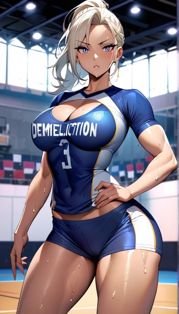 A strikingly beautiful and seductive volleyball player with long, toned legs, an athletic physique, and an alluring appearance. She stands confidently in an action pose, her body tense and ready to make a powerful spike. Wearing a tight, form-fitting volleyball jersey that hugs her curves, revealing her ample cleavage and flat abs, she completes the ensemble with tiny, high-cut mini shorts that accentuate her long, toned legs and round, perky backside. Her skin glistens with sweat, evidence of her intense focus and dedication to the game. The background showcases a volleyball gymnasium with high ceilings, wooden floors, and colorful banners hanging from the walls. The player is towering at an impressive height, making her imposing presence even more dominant on the court. Her big, round butt is accentuated by the tight fabric of her shorts, emphasizing her femininity and allure., 