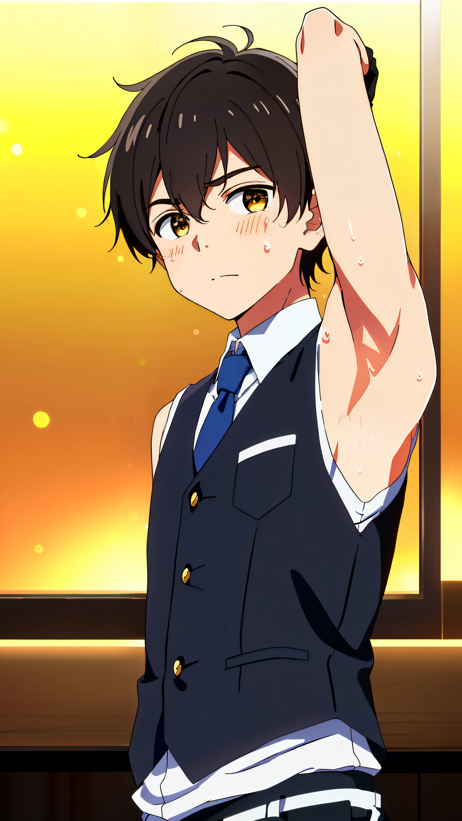 Highres, Masterpiece, Best quality at best,Best Quality,hight quality, hight detailed, 1boy, Boy,Messy hair, Side bangs, Shota, Sweat, Sleeveless vest, Tie, Glove, Depth of field, Anime screencap style, thin line, Seen from the front, Little sweat, Casino, Cute boy, (Showing armpit:1.3), (very small and short stature), (very young boy), 12-year-old boys, Blurry and simple beckground, bokeh, Uhd