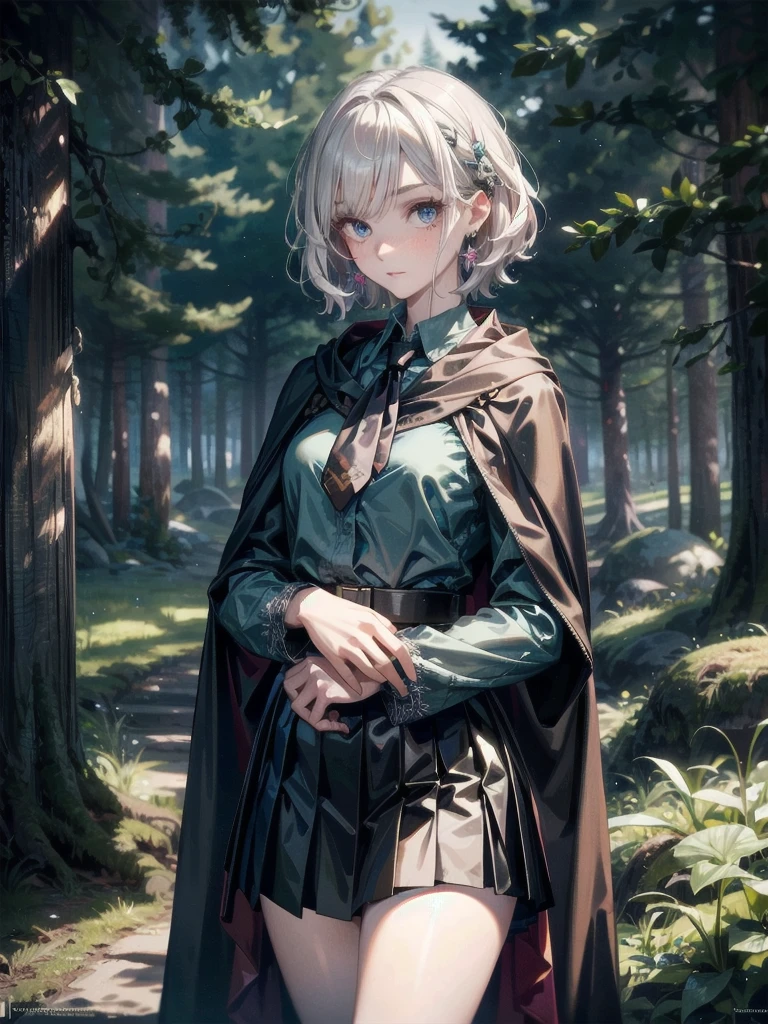 whole body, dark forest, hogwarts teacher, necktie, cloak, skirt, floresta Negra, absurdres, RAW photo, extremely delicate and beautiful, masterpiece, Best Quality, ultra high resolution, 32k, hyperrealistic, ultra-detailed, detailed description, pale skin, 20 years old, detailed beautiful face and eyes, tearful mole, earring, Colossal tits, short medium hair, wavy hair,