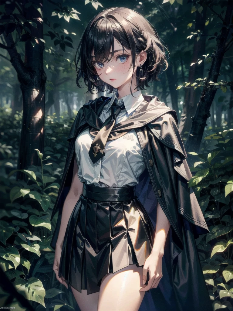 whole body, dark forest, hogwarts teacher, necktie, cloak, skirt, floresta Negra, absurdres, RAW photo, extremely delicate and beautiful, masterpiece, Best Quality, ultra high resolution, 32k, hyperrealistic, ultra-detailed, detailed description, pale skin, 20 years old, detailed beautiful face and eyes, tearful mole, earring, Colossal tits, short medium hair, wavy hair,