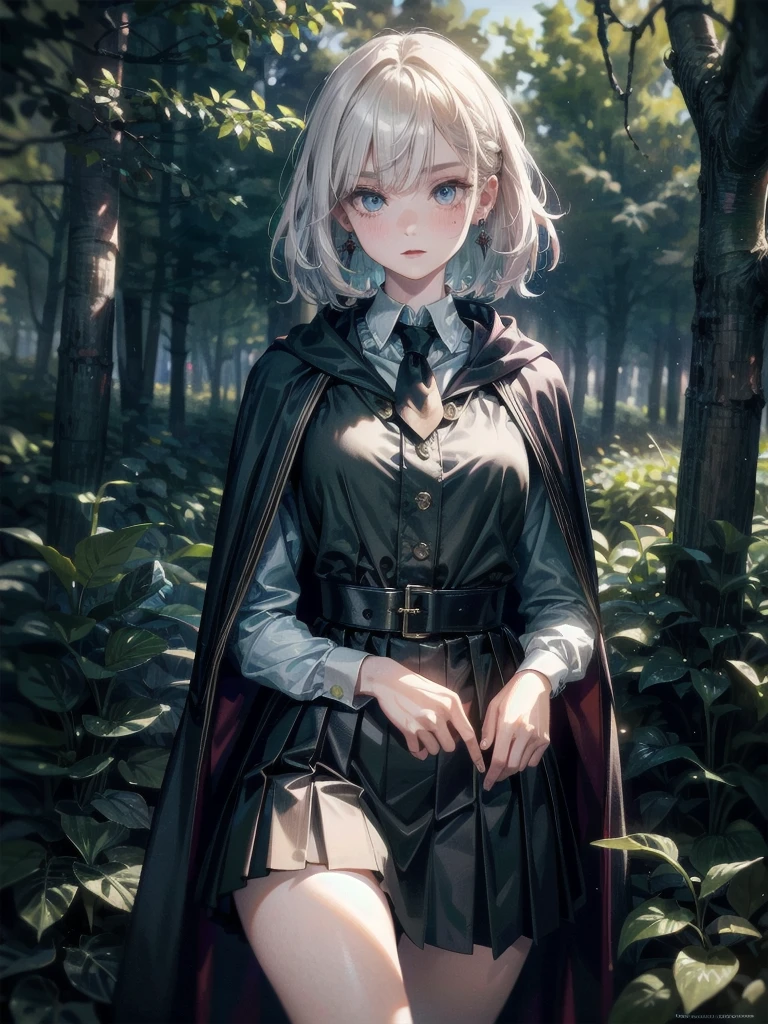 whole body, hogwarts teacher, necktie, cloak, skirt, dark forest, absurdres, RAW photo, extremely delicate and beautiful, masterpiece, Best Quality, ultra high resolution, 32k, hyperrealistic, ultra-detailed, detailed description, pale skin, 20 years old, detailed beautiful face and eyes, tearful mole, earring, Colossal tits, short medium hair, wavy hair,