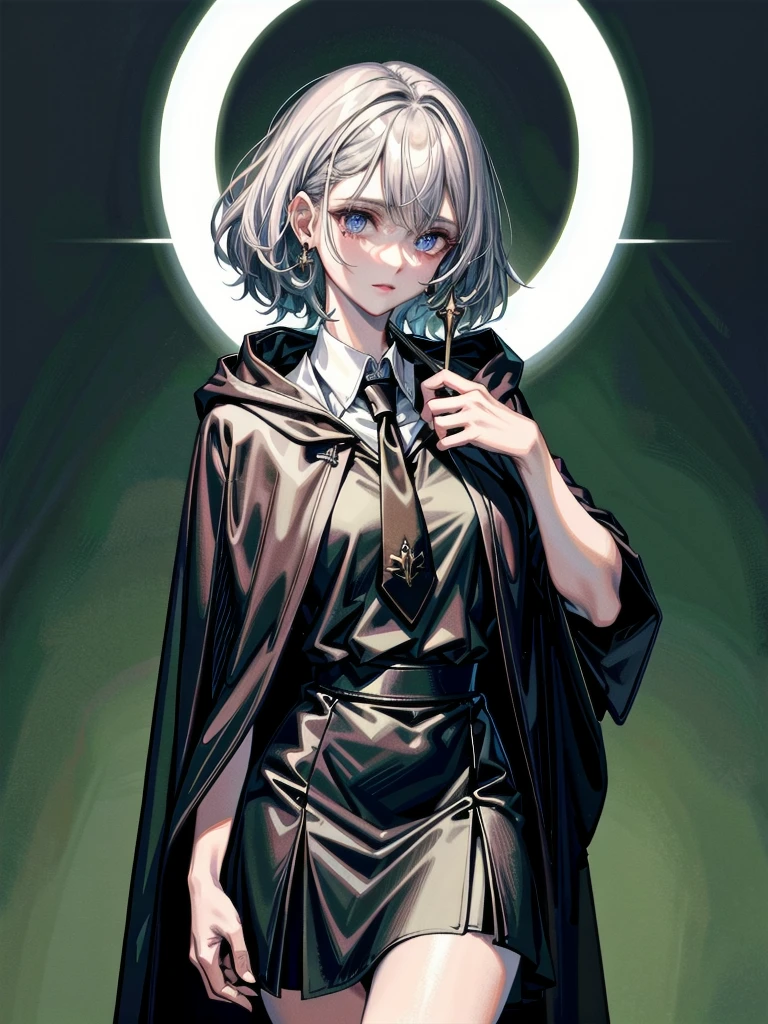 whole body, dark forest, hogwarts teacher, necktie, cloak, skirt, floresta Negra, absurdres, RAW photo, extremely delicate and beautiful, masterpiece, Best Quality, ultra high resolution, 32k, hyperrealistic, ultra-detailed, detailed description, pale skin, 20 years old, detailed beautiful face and eyes, tearful mole, earring, Colossal tits, short medium hair, wavy hair,