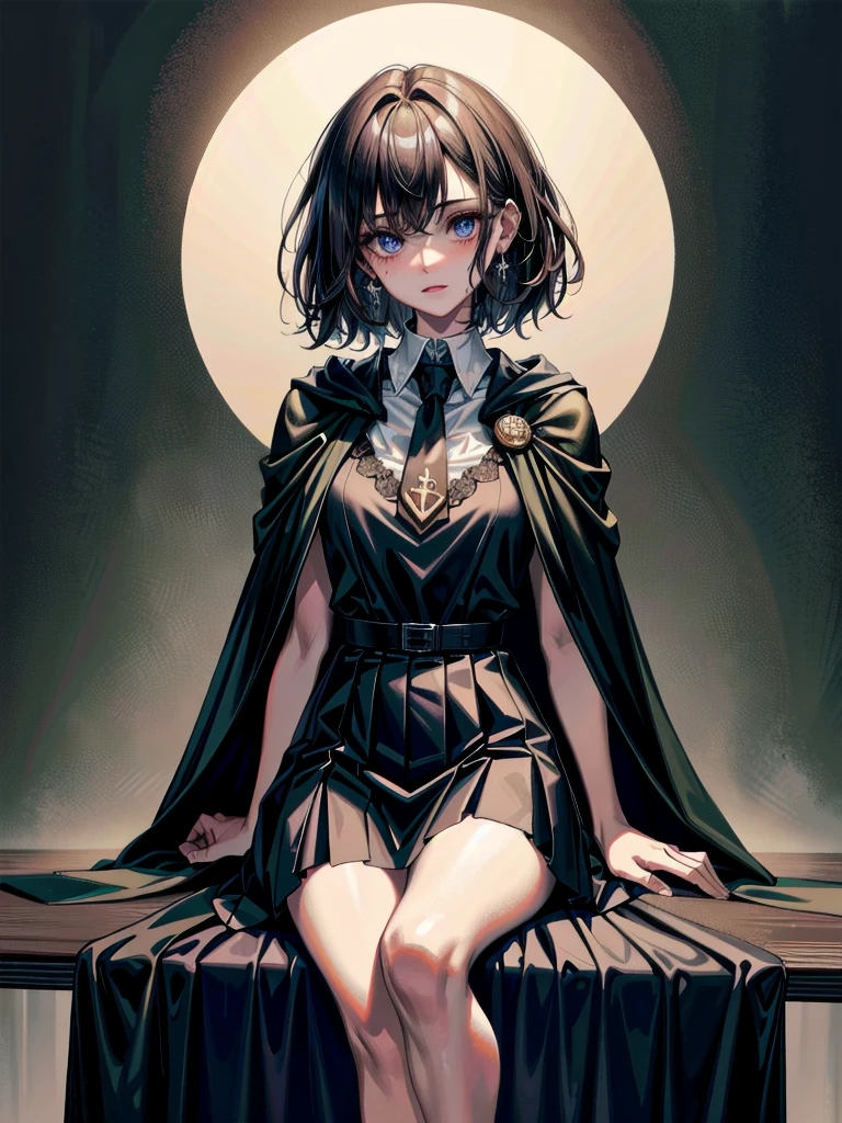 whole body, dark forest, hogwarts teacher, necktie, cloak, skirt, floresta Negra, absurdres, RAW photo, extremely delicate and beautiful, masterpiece, Best Quality, ultra high resolution, 32k, hyperrealistic, ultra-detailed, detailed description, pale skin, 20 years old, detailed beautiful face and eyes, tearful mole, earring, Colossal tits, short medium hair, wavy hair,