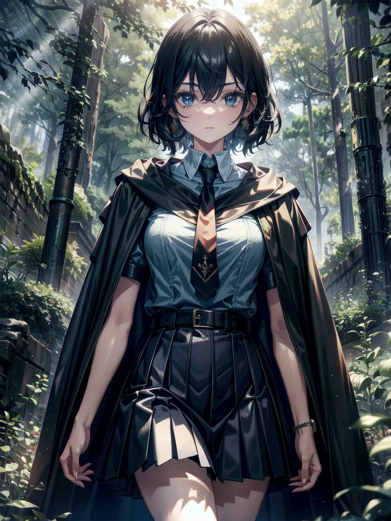 whole body, dark forest, hogwarts teacher, necktie, cloak, skirt, floresta Negra, absurdres, RAW photo, extremely delicate and beautiful, masterpiece, Best Quality, ultra high resolution, 32k, hyperrealistic, ultra-detailed, detailed description, pale skin, 20 years old, detailed beautiful face and eyes, tearful mole, earring, Colossal tits, short medium hair, wavy hair,