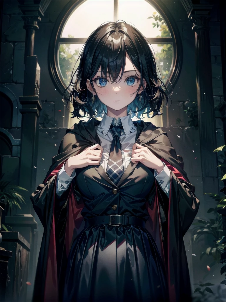 whole body, dark forest, hogwarts teacher, necktie, cloak, skirt, floresta Negra, absurdres, RAW photo, extremely delicate and beautiful, masterpiece, Best Quality, ultra high resolution, 32k, hyperrealistic, ultra-detailed, detailed description, pale skin, 20 years old, detailed beautiful face and eyes, tearful mole, earring, Colossal tits, short medium hair, wavy hair,