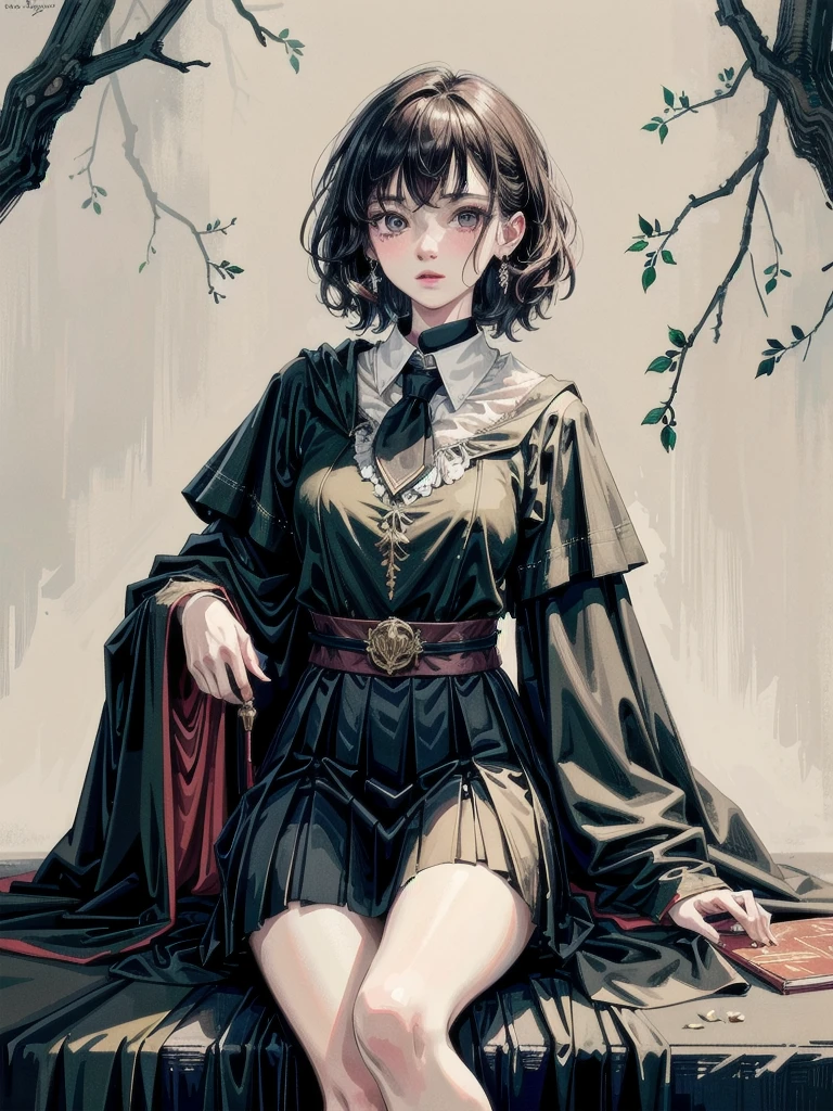 whole body, dark forest, hogwarts teacher, necktie, cloak, skirt, floresta Negra, absurdres, RAW photo, extremely delicate and beautiful, masterpiece, Best Quality, ultra high resolution, 32k, hyperrealistic, ultra-detailed, detailed description, pale skin, 20 years old, detailed beautiful face and eyes, tearful mole, earring, Colossal tits, short medium hair, wavy hair,