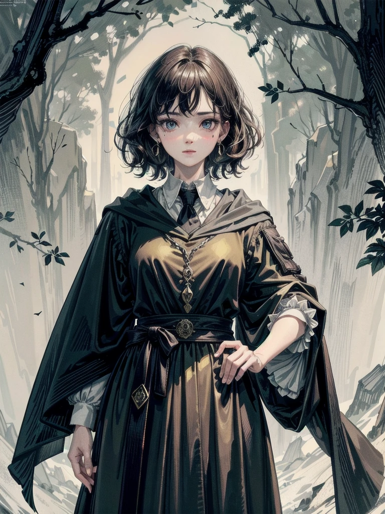 whole body, dark forest, hogwarts teacher, necktie, cloak, skirt, floresta Negra, absurdres, RAW photo, extremely delicate and beautiful, masterpiece, Best Quality, ultra high resolution, 32k, hyperrealistic, ultra-detailed, detailed description, pale skin, 20 years old, detailed beautiful face and eyes, tearful mole, earring, Colossal tits, short medium hair, wavy hair,