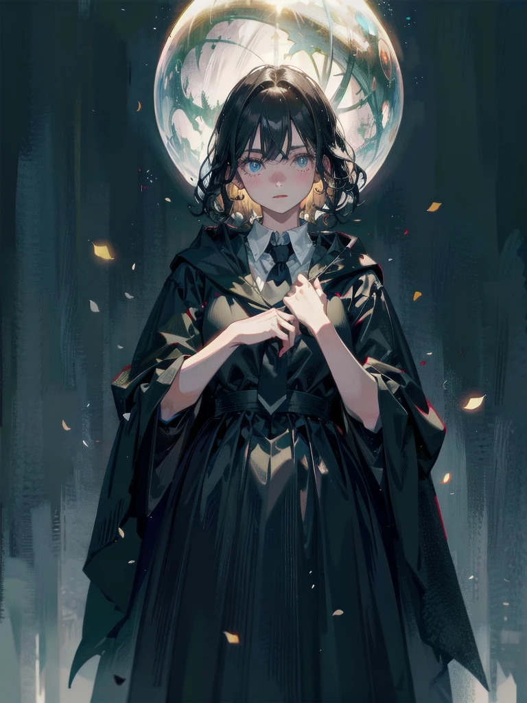 whole body, dark forest, hogwarts teacher, necktie, cloak, skirt, floresta Negra, absurdres, RAW photo, extremely delicate and beautiful, masterpiece, Best Quality, ultra high resolution, 32k, hyperrealistic, ultra-detailed, detailed description, pale skin, 20 years old, detailed beautiful face and eyes, tearful mole, earring, Colossal tits, short medium hair, wavy hair,