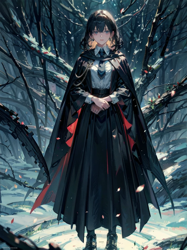whole body, dark forest, hogwarts teacher, necktie, cloak, skirt, floresta Negra, absurdres, RAW photo, extremely delicate and beautiful, masterpiece, Best Quality, ultra high resolution, 32k, hyperrealistic, ultra-detailed, detailed description, pale skin, 20 years old, detailed beautiful face and eyes, tearful mole, earring, Colossal tits, short medium hair, wavy hair,