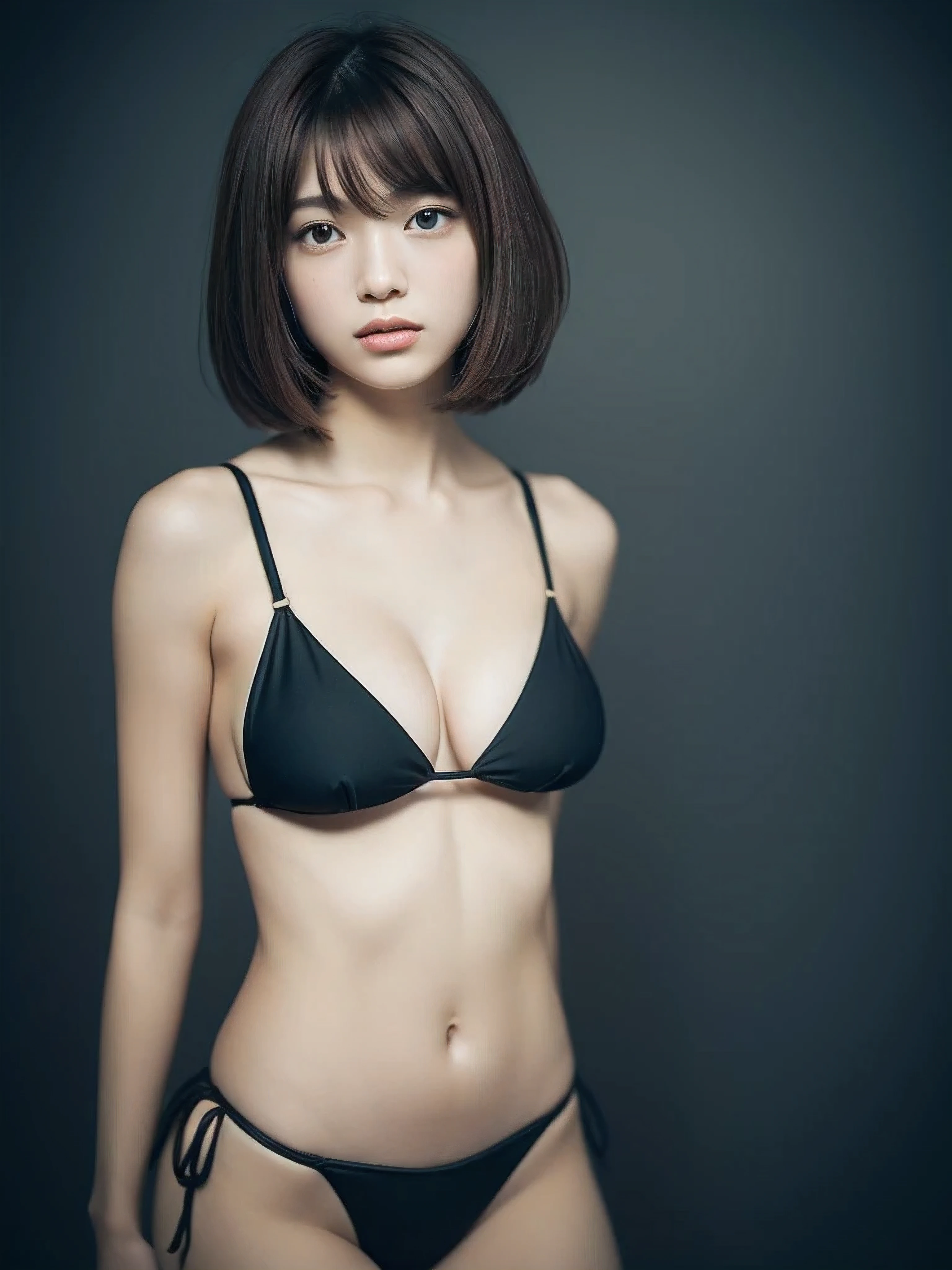 Dreamy atmosphere, High Contrast, Ultra Sharp, Studio shot、Upper body portrait、Angle from below、(Tiny Bikini:1.4), (Big and ample breasts:1.4), Focus on the chest、Slim Body Enhancement、Realistic、Realistic、Highly detailed cute girl、alone、18-year-old、Japanese、Melancholic expression, Big and ample breasts、Brown Hair、Medium bob cut hair, Plain black wallpaper for backgrounds、Out of focus、Blur、