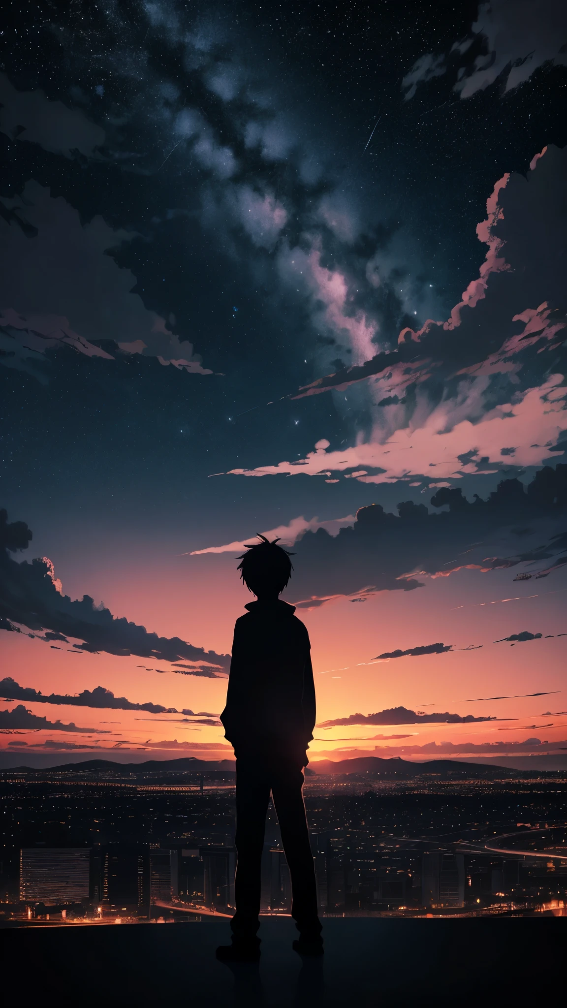 Anime,silhuette,1boy, Star (skyporn), cloud, Cityscape, building, city, Outdoors, Skyscraper, City lights, Night, nigh sky, Sunset, sky line