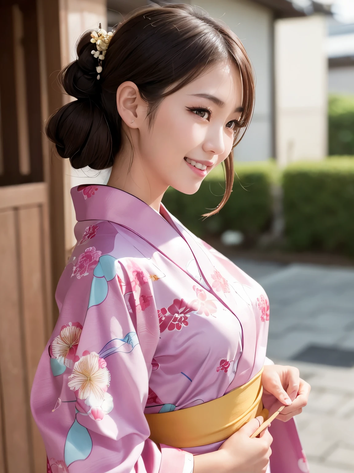 Realistic, masterpiece, highest quality, Highest resolution, One Japanese woman, Happy smile, Detailed and beautiful eyes, Iris, Sparkling eyes, Thin eyebrows, Thin and long eyelashes,Eyelash extensions, Natural Makeup, (horizontal french twist hair, Brown Hair:1.2), Detailed face, She looks to the side and into the distance, laughing, Mouth open, cheeks pink, (Wearing a yukata that was popular in 2023:1.3), (Fitted clothing:1.3), Upper body photo, Turning around, A Japanese summer festival at night with stalls lined up