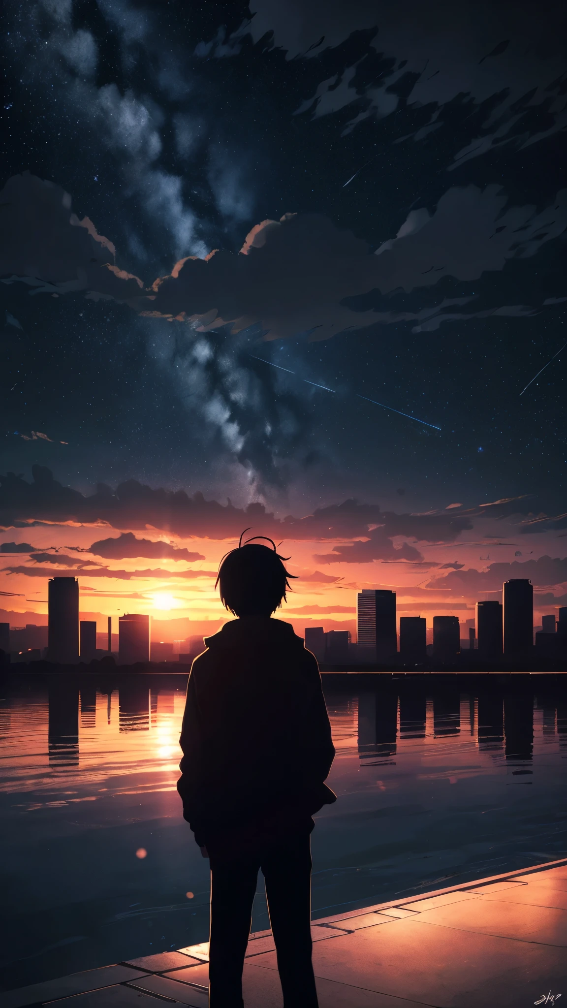 Anime,silhuette,1boy, Star (skyporn), cloud, Cityscape, building, city, Outdoors, Skyscraper, City lights, Night, nigh sky, Sunset, sky line