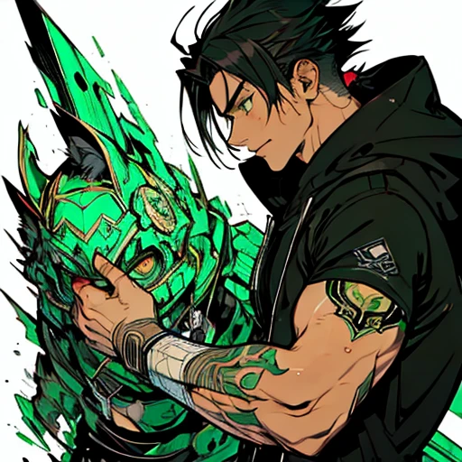 Concept ART, Human Male Young ager , manga Style , hood Coat , Black haircat , Green pupils, Boxing