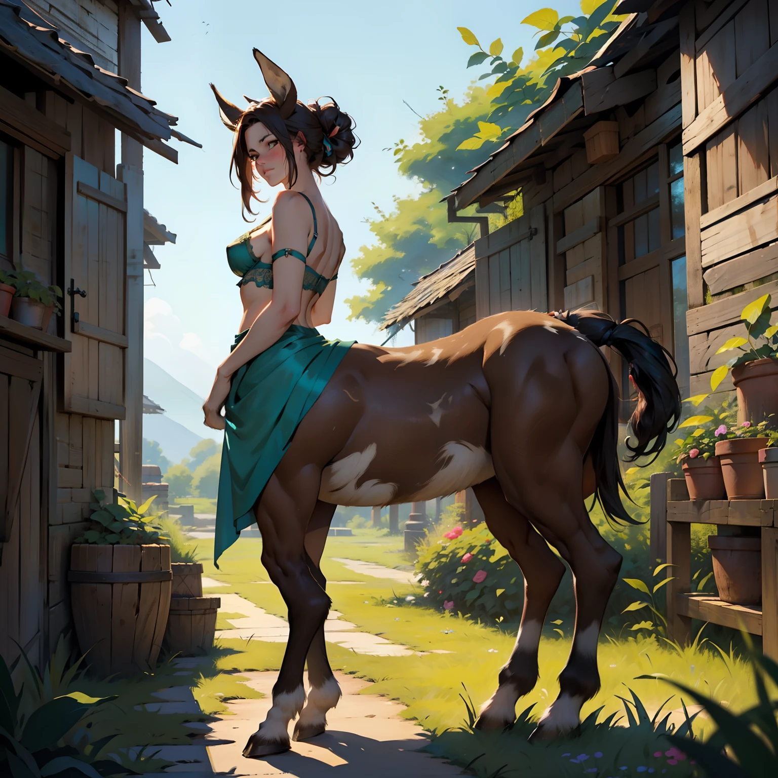 Masterpiece, realistic, best quality, full body, art by chunie, (by chunie:1), (an anthro goat), Female faun, Brunette updo hair, Wearing Teal satin bra, I shall leave my mortal past behind, view from behind 