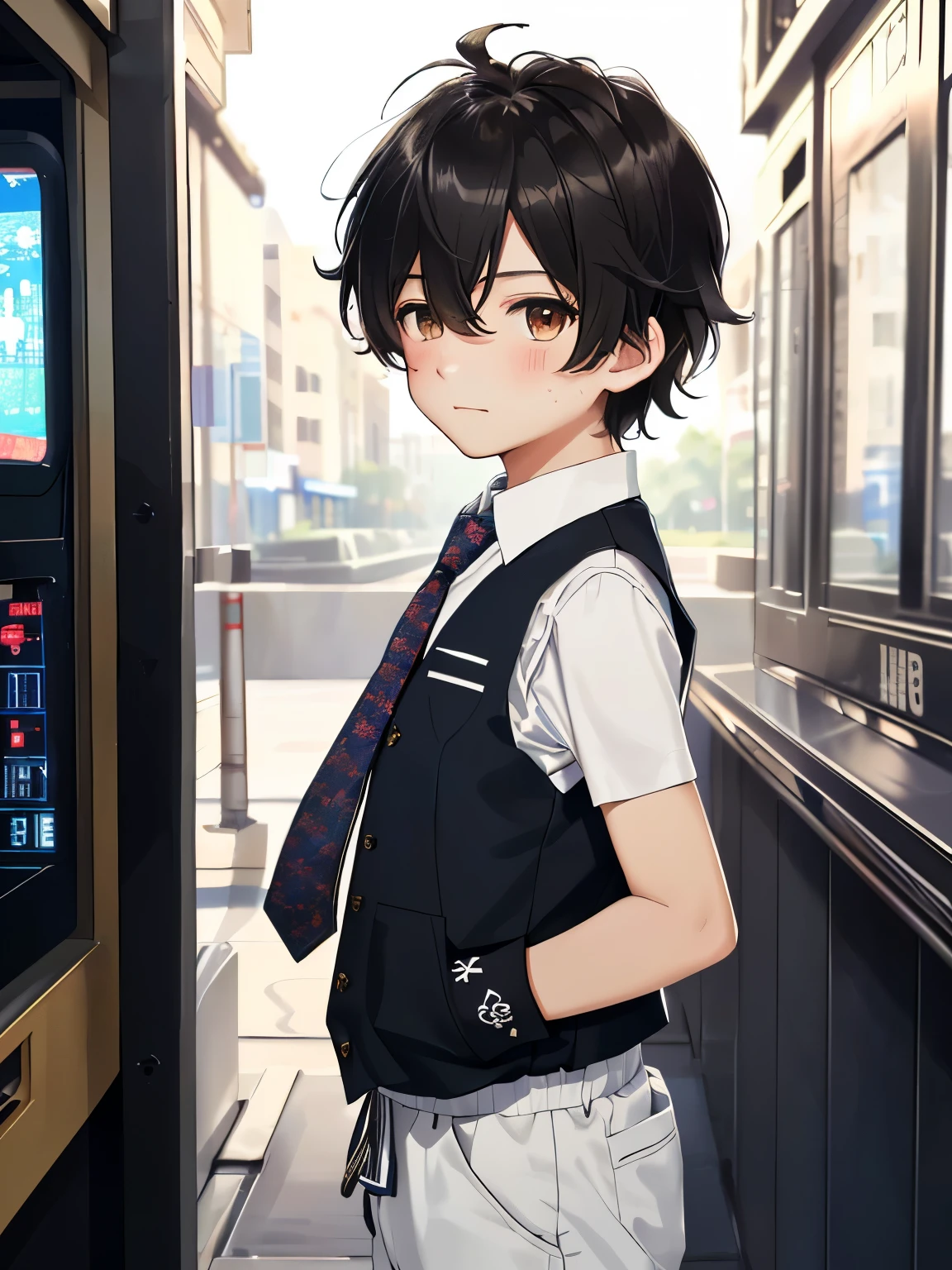 Highres, Masterpiece, Best quality at best,Best Quality,hight quality, hight detailed, 1boy, Boy,Messy hair, Side bangs, Shota, Sweat, Sleeveless vest, Tie, Glove, Depth of field, Anime screencap style, thin line, Seen from the front, Little sweat, Casino, Cute boy, (very small and short stature), (very young boy), s, Blurry and simple beckground, bokeh, Uhd