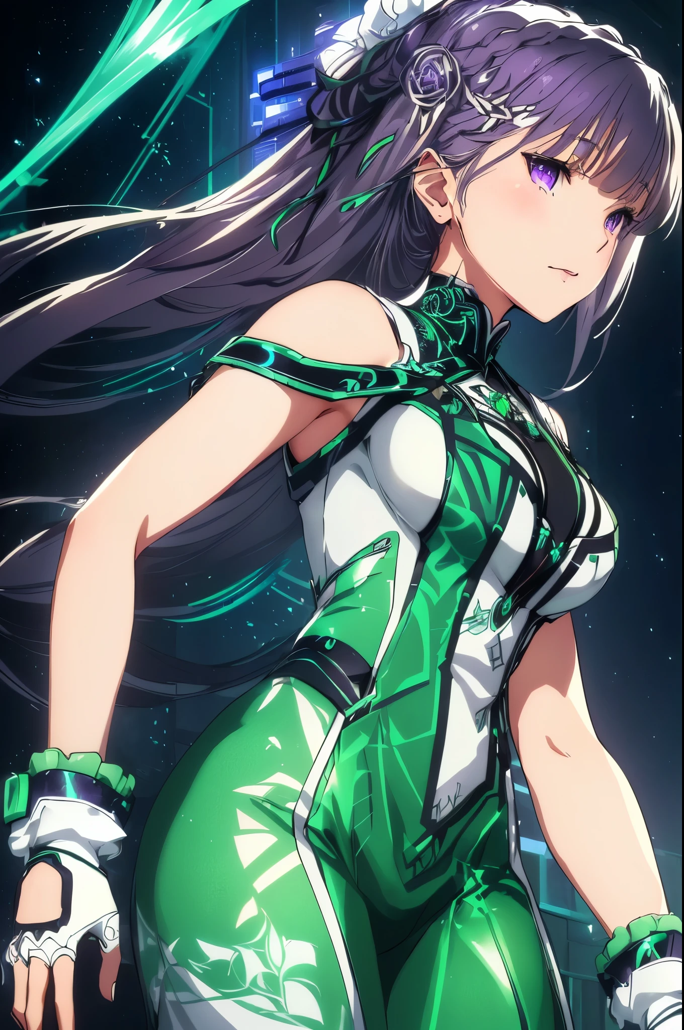 Emilia re:zero, purple eyes, Emilia, crown braid, x hair ornament, flower hair ornament, white hair, long hair, medium breasts, a close up of a woman in a green and black outfit, biomechanical oppai, extremely detailed artgerm, oppai cyberpunk, wlop glossy skin, range murata and artgerm, thick smooth warframe thighs, marin kitagawa fanart, style artgerm, kda, full body xianxia, highly detailed exquisite fanart