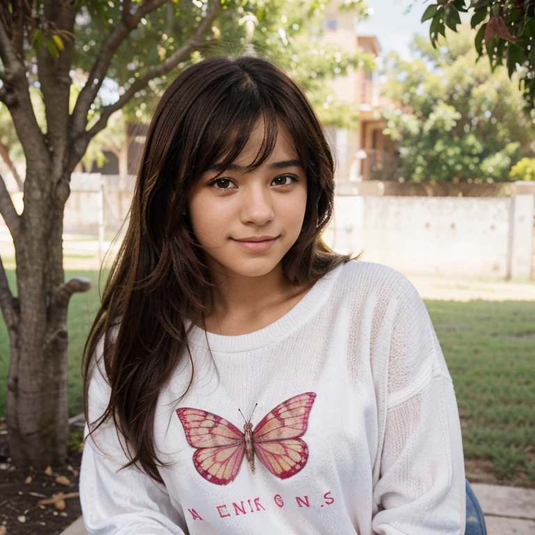 18 year old teenage girl. Cabello corto, straight and brown. She has a pink bow in a lock of hair. Sus ojos son claros, aretes de mariposa y sonriendo. He wears a white sweater and a red t-shirt 