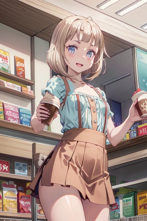 (masterpiece, Best Quality, ultra-detailed, high resolution, extremely detailed CG, official art, Professional Lighting, Perfect Anatomy), (from below), looking at viewer, cowboy shot, perfect body, 24yo beautiful 1girl, delicate beautiful face, Bright magenta eyes, cute eyes, sparkling eyes, (perky chest:1.1), (pointed chest:1.3), medium hips, glamorous body,a small face,beautiful-makeup,Makeup light,Shortcut Hair,dark brown hair, Amazing Cleavage, thin waist,Raised sexy, small breast: 1.2 ,posed cleavage:1.2, micro denim skirts, bare legs, nail_polish, Waiting friend, (at morning:1.5), tokyo, (convenience store:1.3), outdoor, (depth of field:1.3), contrapposto, (Hold a coffee in your hand:1.3), looking at viewer,
